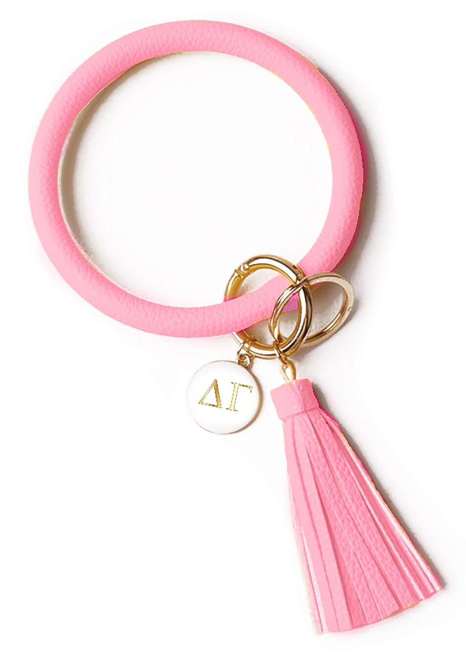 8620 DG Bangle Keychain - Delta Gamma Pink Ring Keychain with Engraved Disc